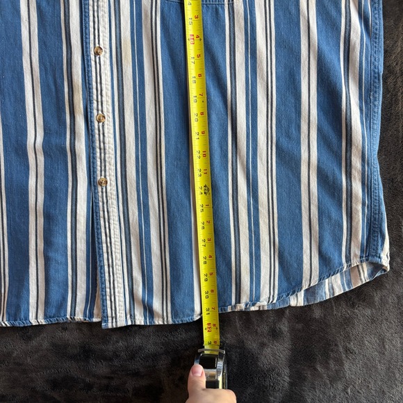 Womens Striped Embroidered Scarecrow Sunflowers Button Up Shirt Blue White Large - Picture 11 of 12